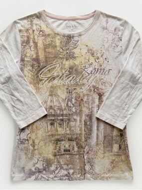 Nicole Miller Cream Long-Sleeve Graphic Tee with Beige & Brown Print